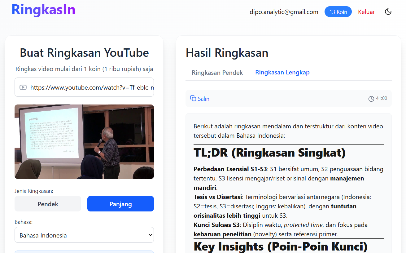 RingkasIn summary output showing key points from an educational video